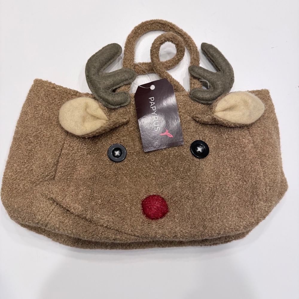 Papyrus Reindeer Bag 74437 Brown Wool Blend Holiday Tote Red Nose Antlers NWT